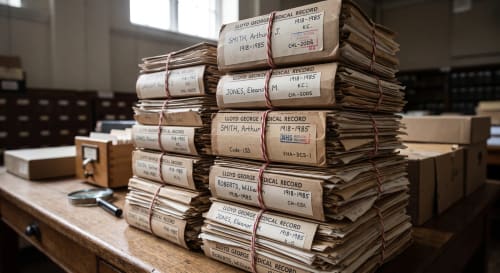 Bundles of tied Lloyd George paper medical records stacked on a table in an NHS records archive